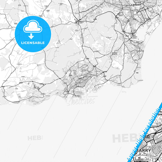 Barry, Wales light map with streetnames, citynames and districts