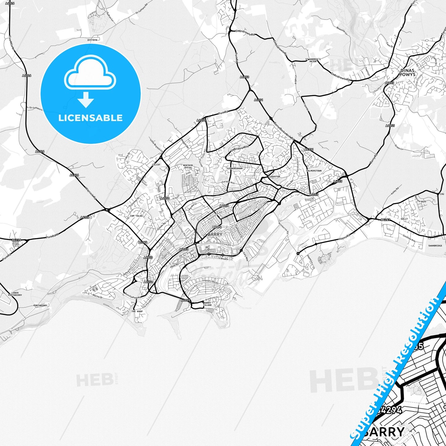 Barry, Wales Light Map with Street Names, City Names, and Districts