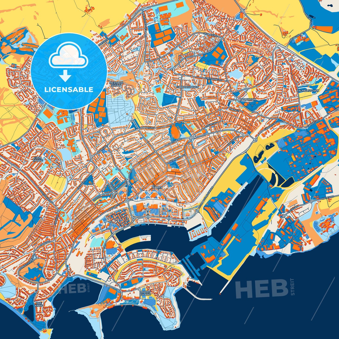 Colorful Barry Street Map with Labels and Buildings