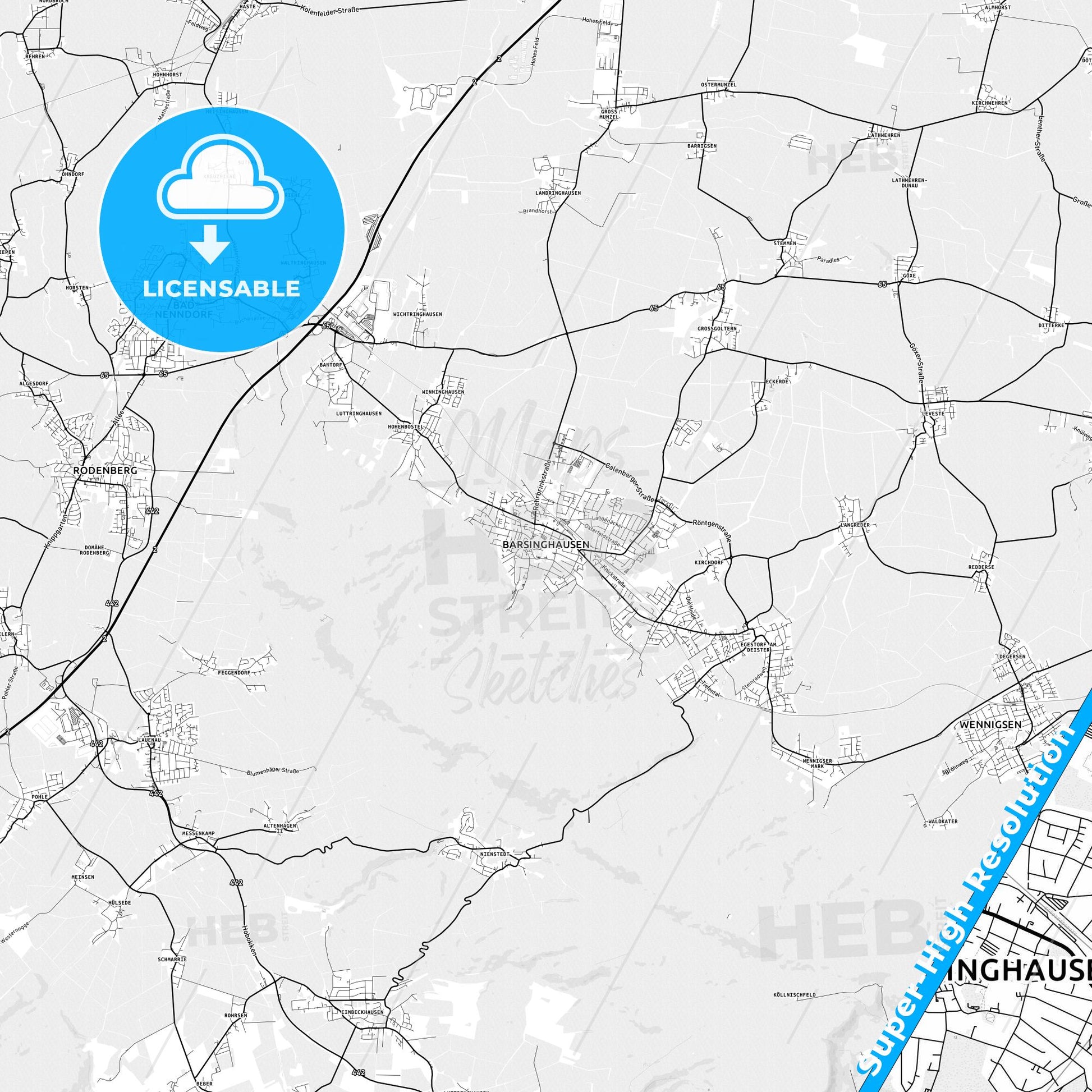 Barsinghausen, Germany light map with streetnames, citynames and districts