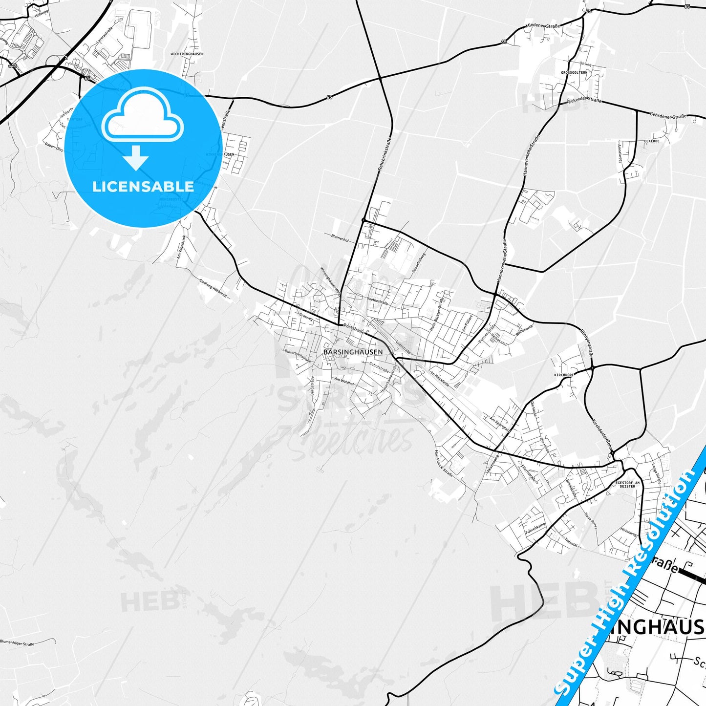 Barsinghausen, Germany Light Map with Street Names, City Names, and Districts