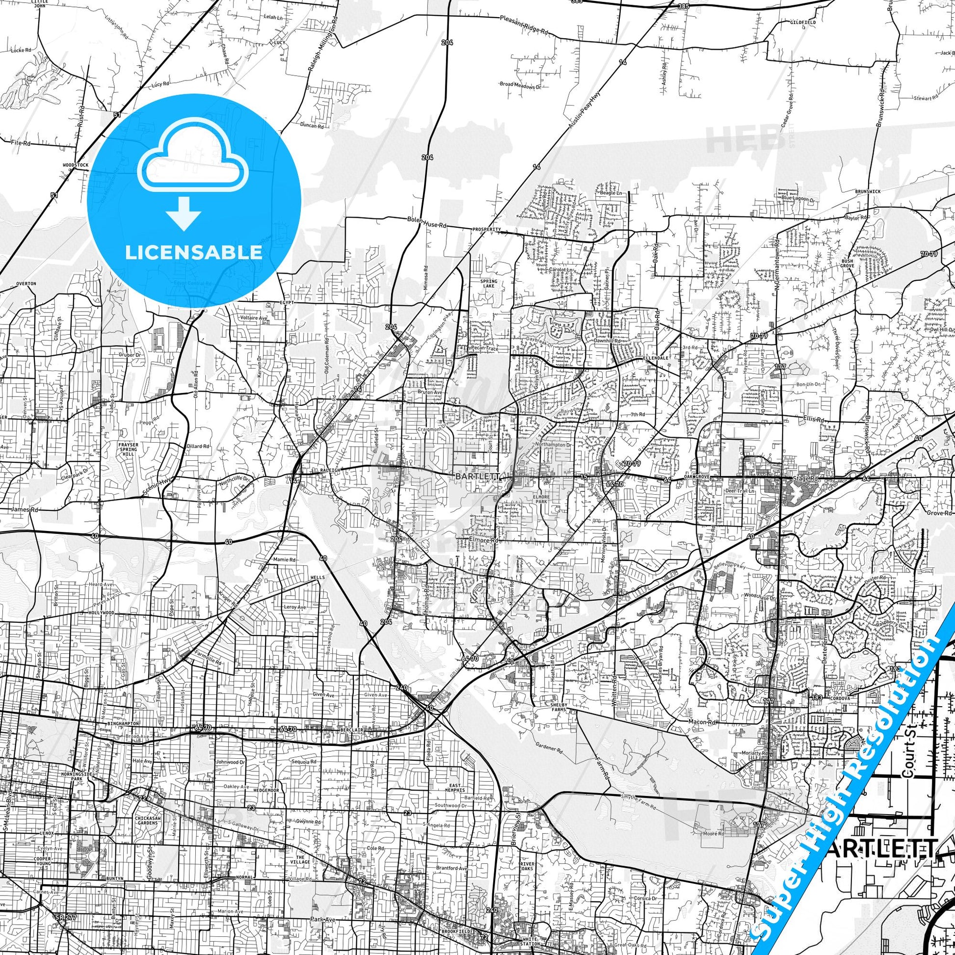 Bartlett, Tennessee light map with streetnames, citynames and districts