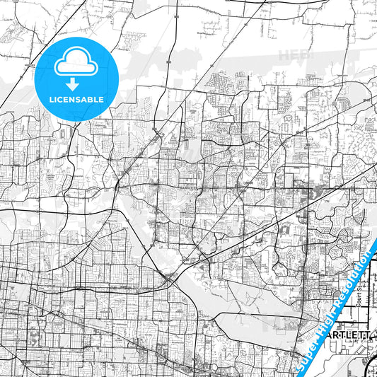 Bartlett, Tennessee light map with streetnames, citynames and districts