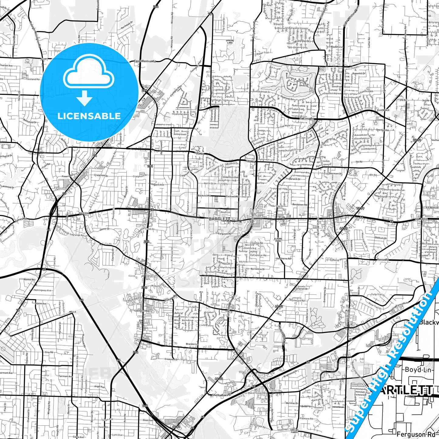 Bartlett, Tennessee Light Map with Street Names, City Names, and Districts