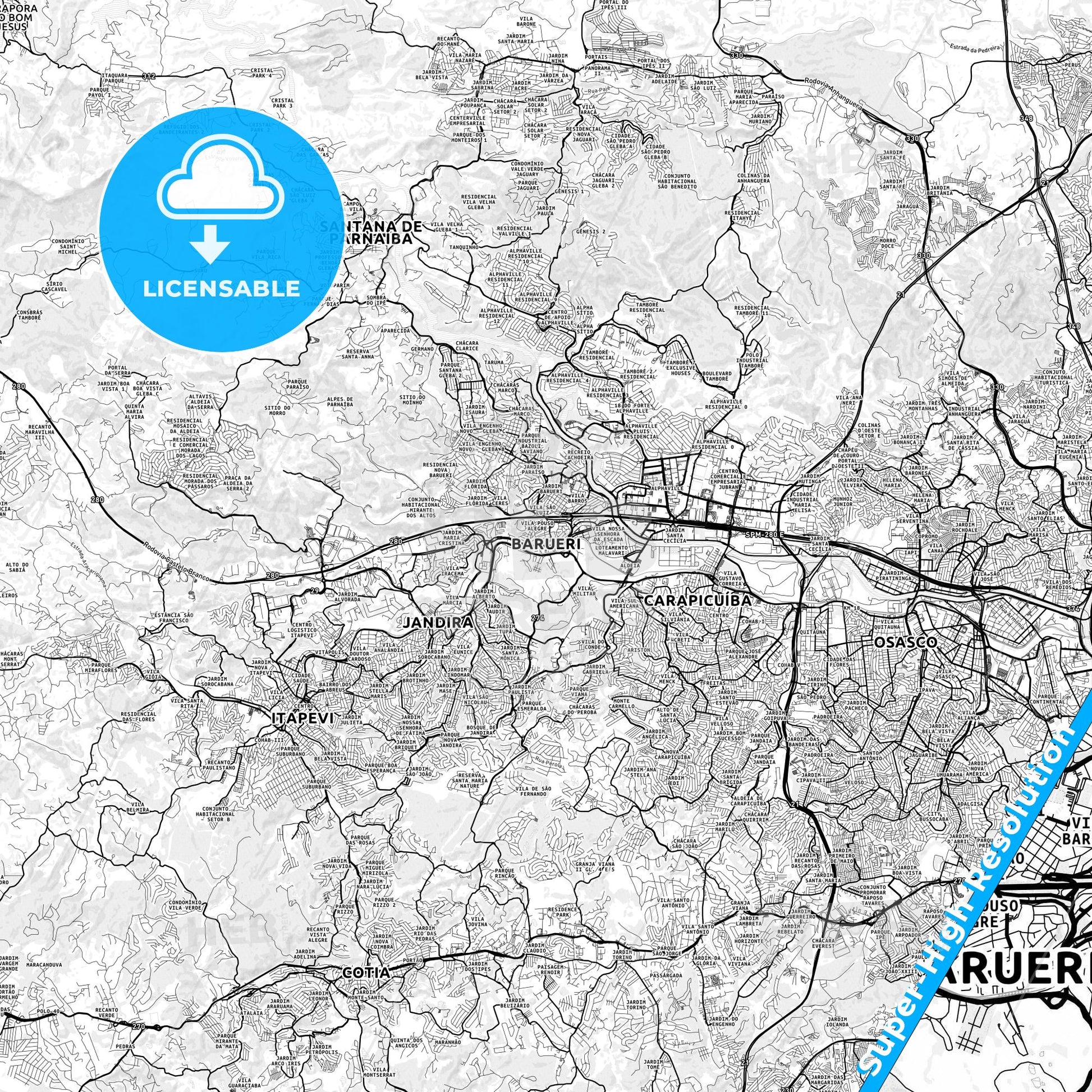 Barueri, Brazil light map with streetnames, citynames and districts