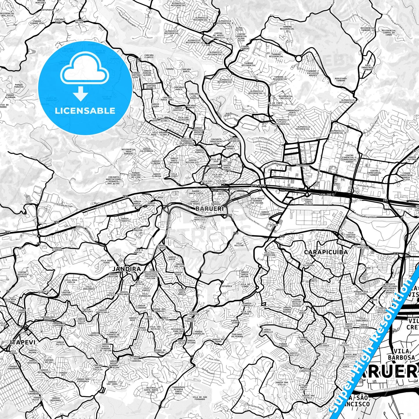 Barueri, Brazil Light Map with Street Names, City Names, and Districts