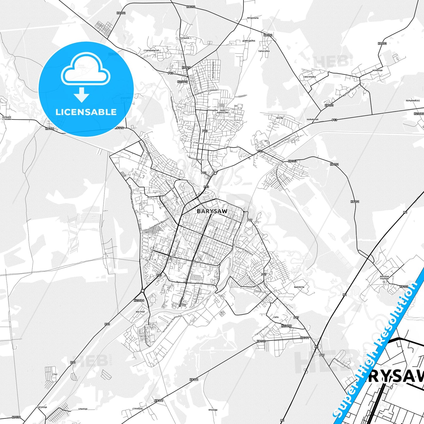 Barysaw, Belarus light map with streetnames, citynames and districts