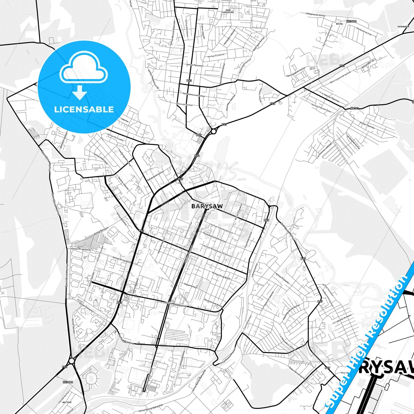 Barysaw, Belarus Light Map with Street Names, City Names, and Districts