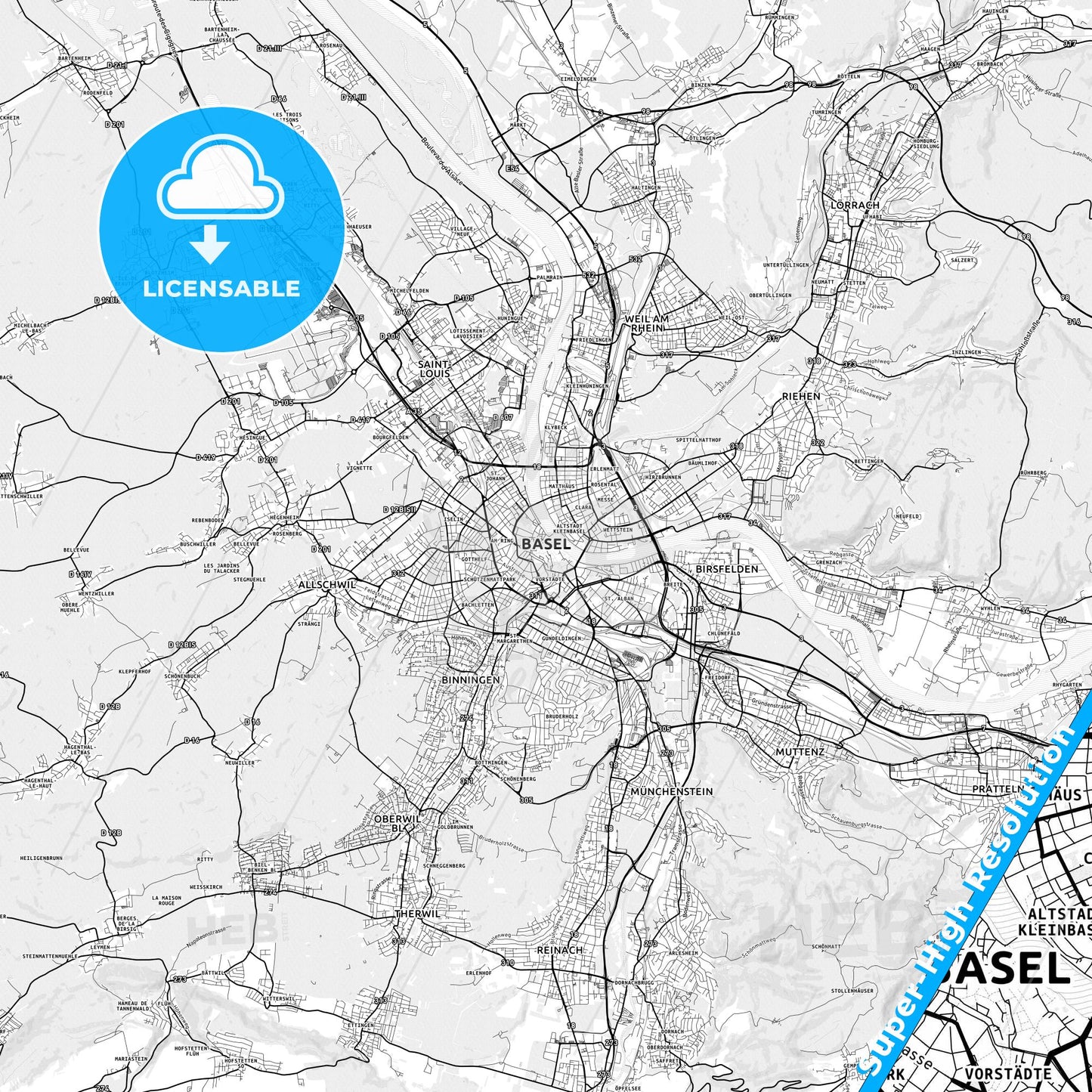 Basel, Switzerland light map with streetnames, citynames and districts