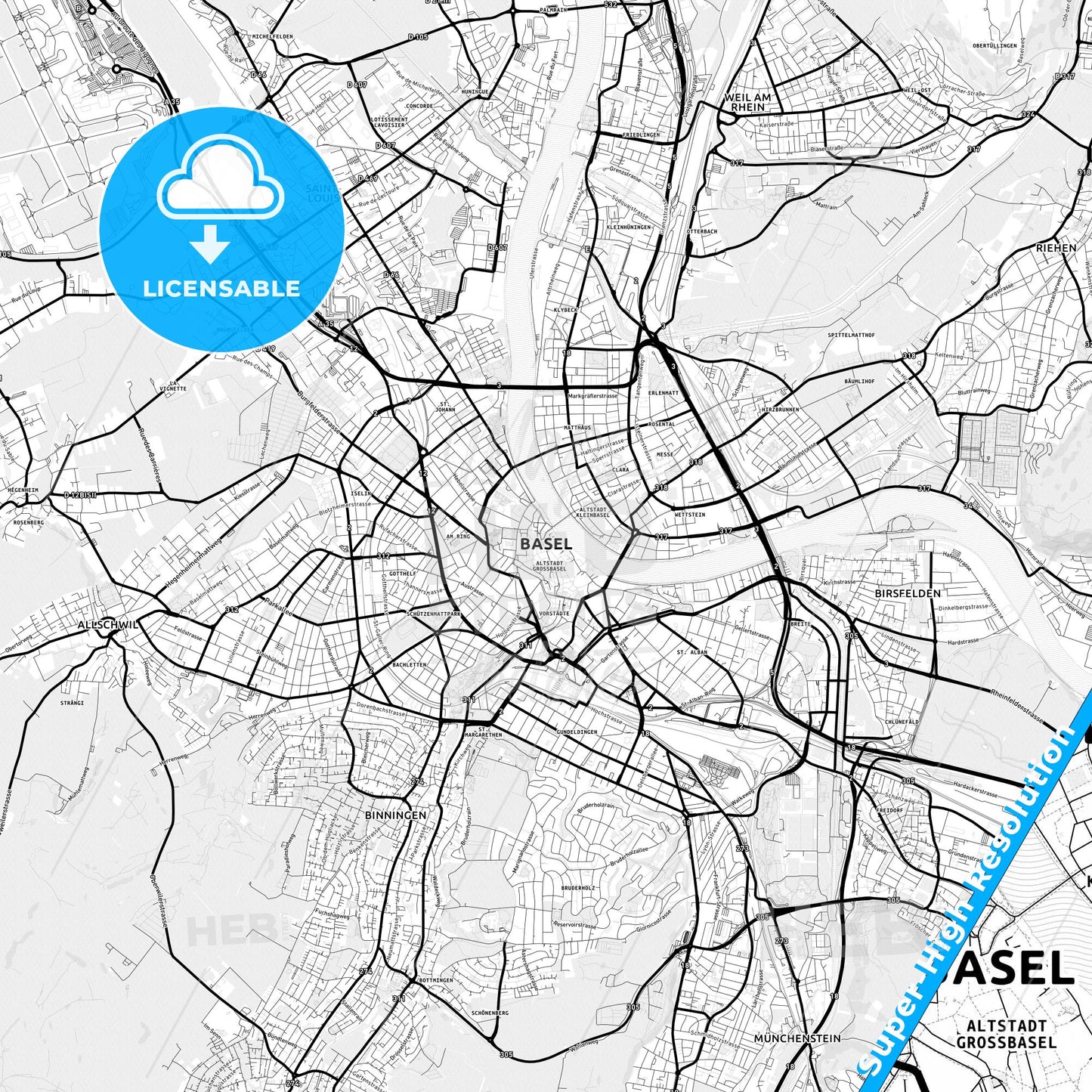 Basel, Switzerland Light Map with Street Names, City Names, and Districts
