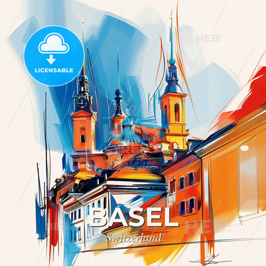 Vibrant Basel, Switzerland - A Painting Of A Building With Towers - Square format print template