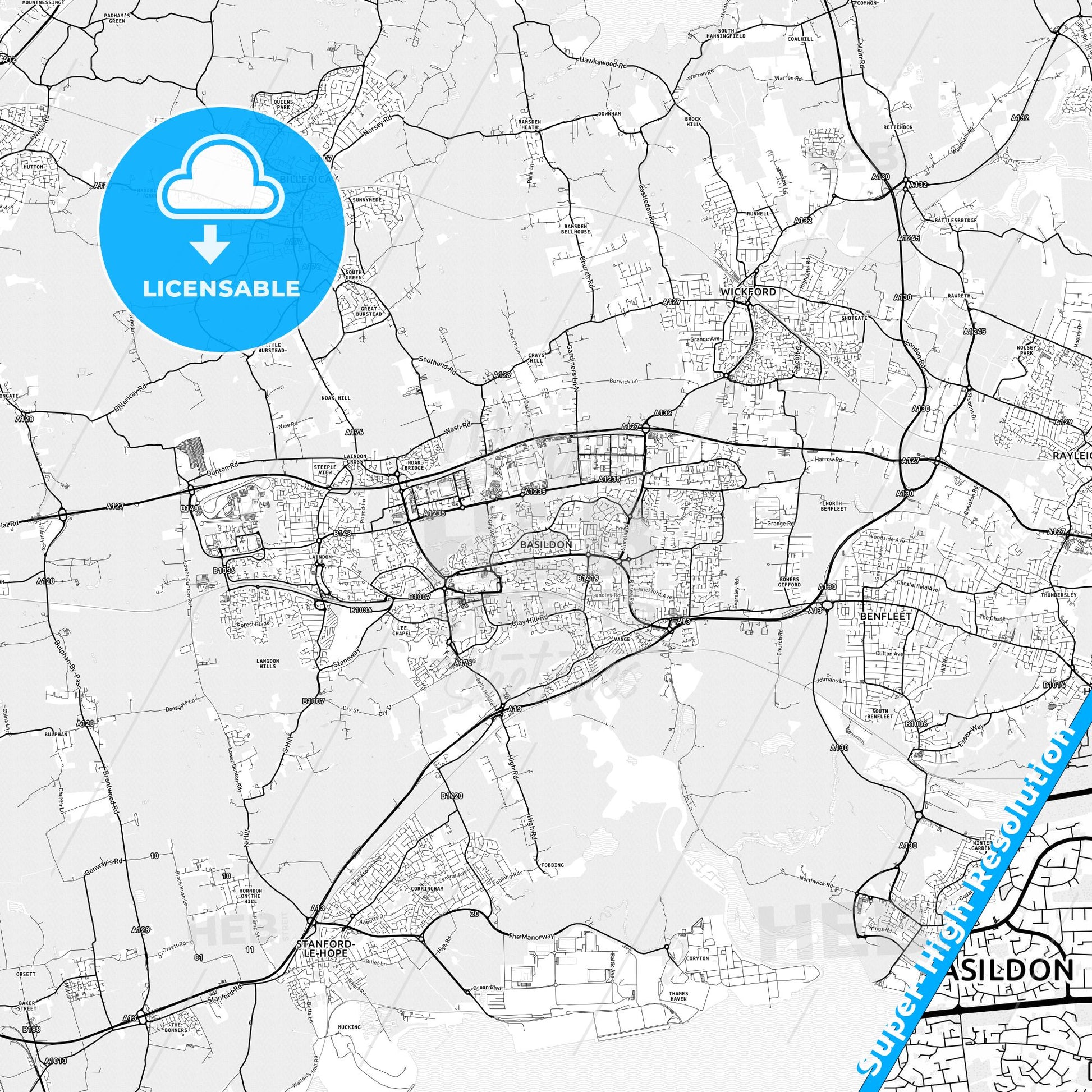 Basildon, England light map with streetnames, citynames and districts