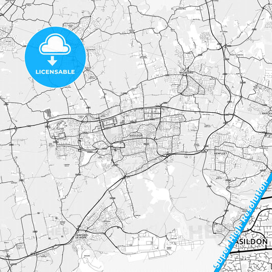 Basildon, England light map with streetnames, citynames and districts