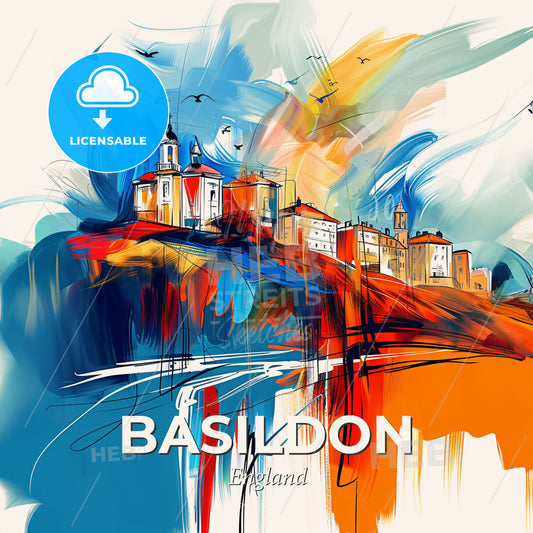 Vibrant Basildon, England - A Painting Of A City On A Hill - Square format print template