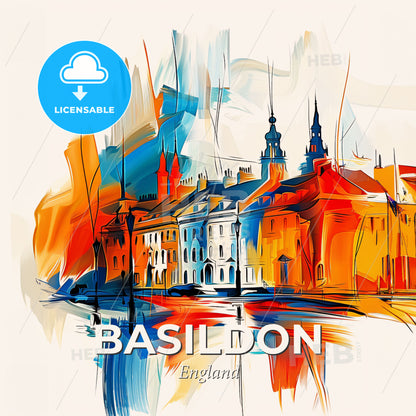 Vibrant Basildon, England - A Colorful Painting Of Buildings And A Body Of Water - Square format print template