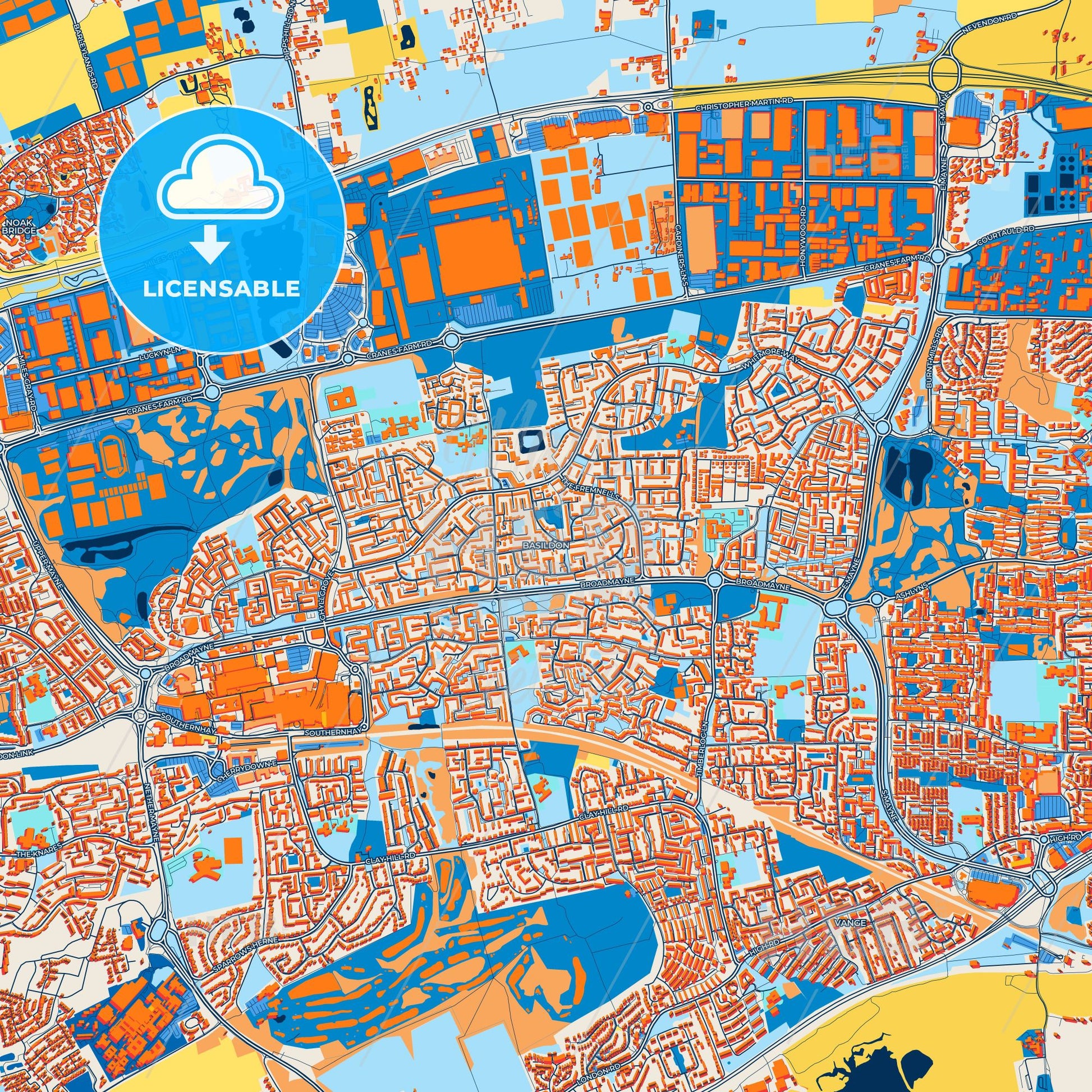 Colorful Basildon Street Map with Labels and Buildings