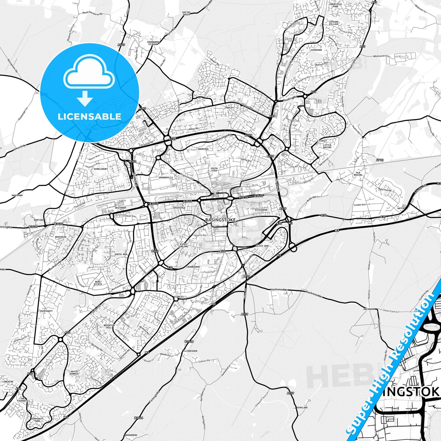 Basingstoke, England Light Map with Street Names, City Names, and Districts