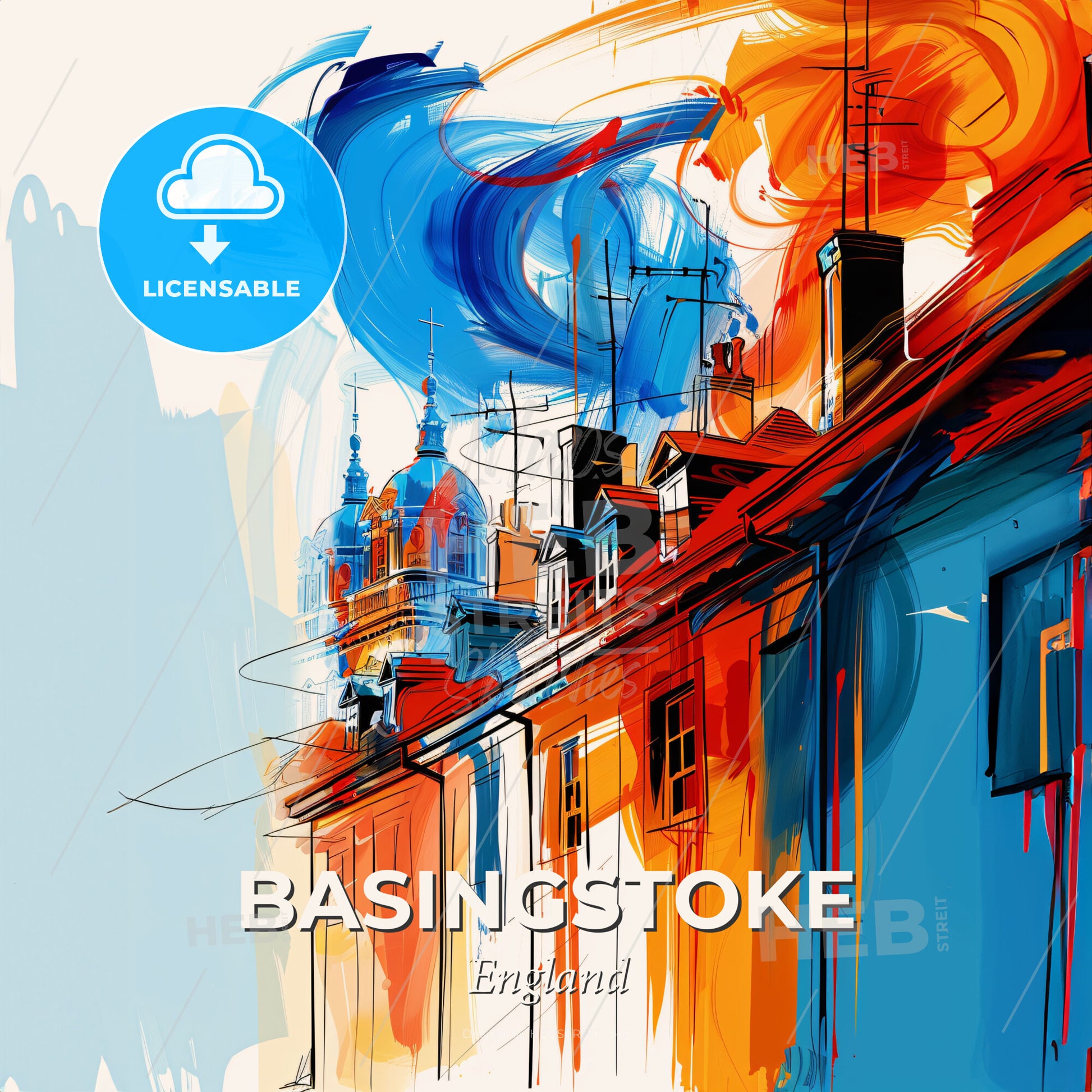 Vibrant Basingstoke, England - A Painting Of A Building With Colorful Smoke Coming Out Of It - Square format print template