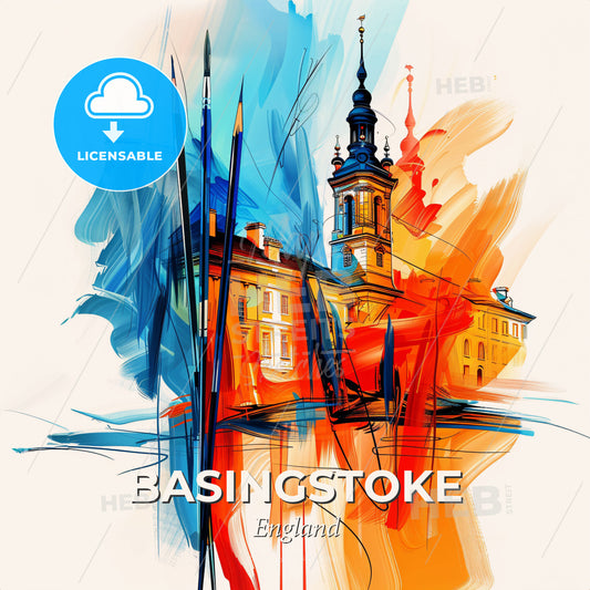 Vibrant Basingstoke, England - A Painting Of A Building With A Tower And Paint Brushes - Square format print template