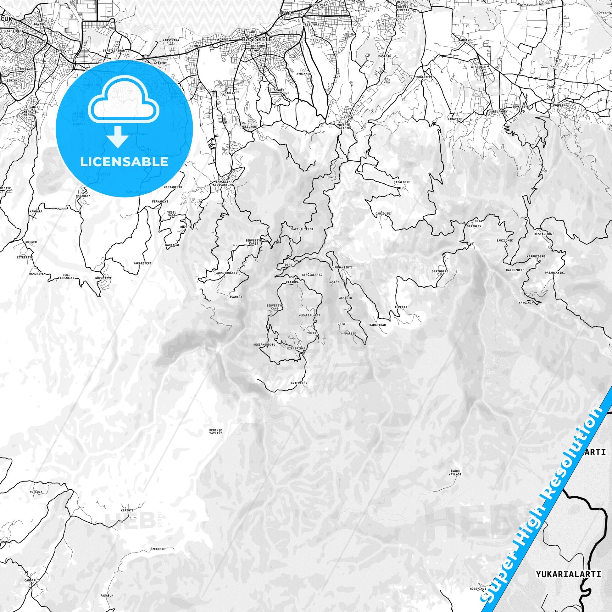 Başiskele, Turkey light map with streetnames, citynames and districts