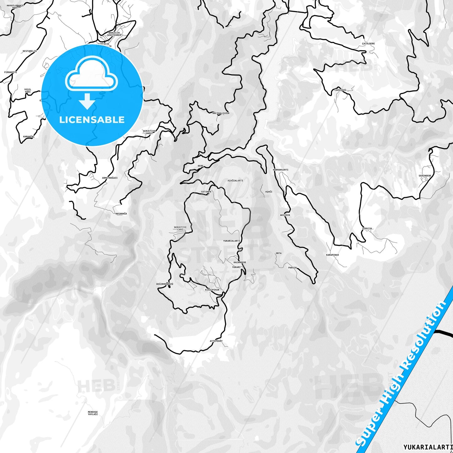 Başiskele, Turkey Light Map with Street Names, City Names, and Districts