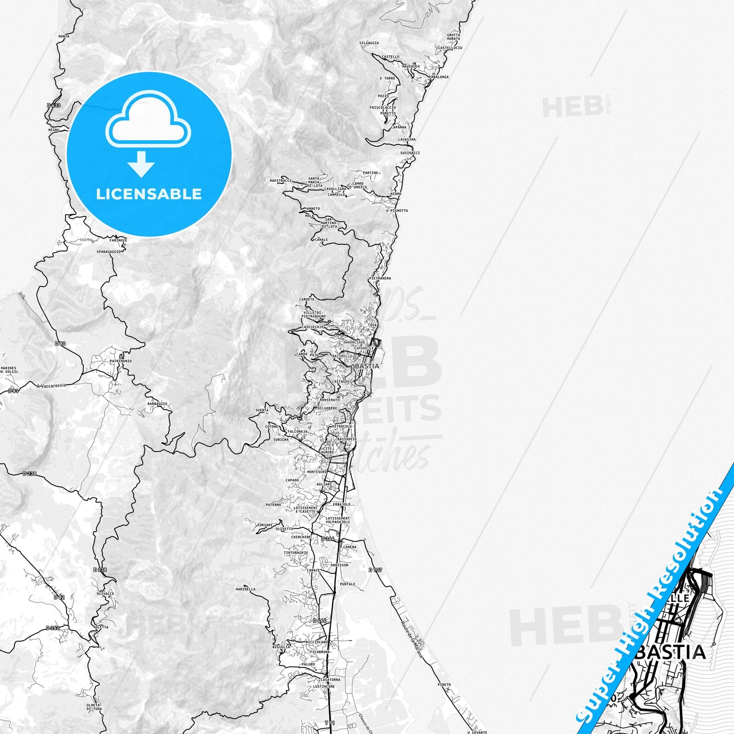 Bastia, France light map with streetnames, citynames and districts