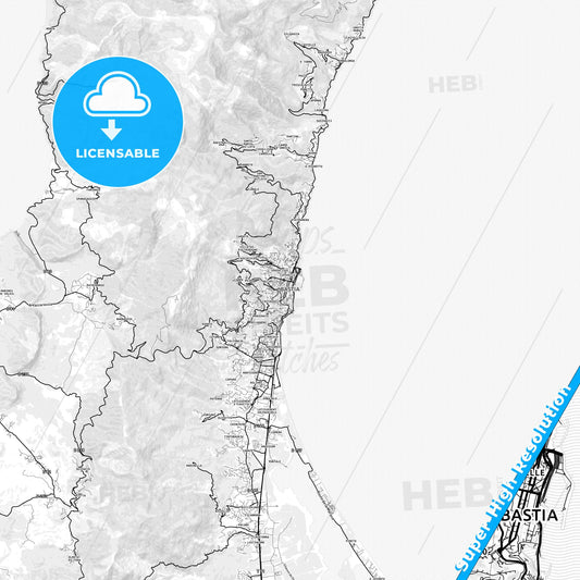 Bastia, France light map with streetnames, citynames and districts
