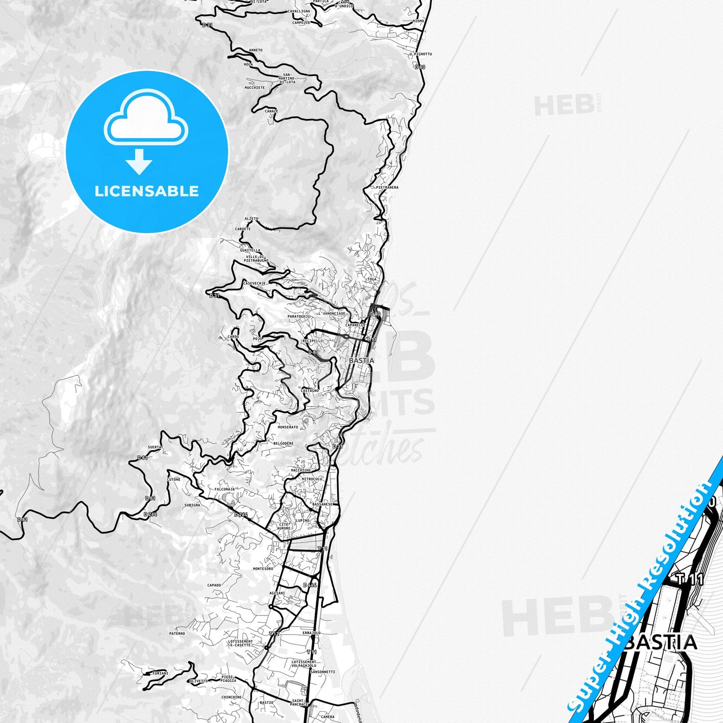 Bastia, France Light Map with Street Names, City Names, and Districts