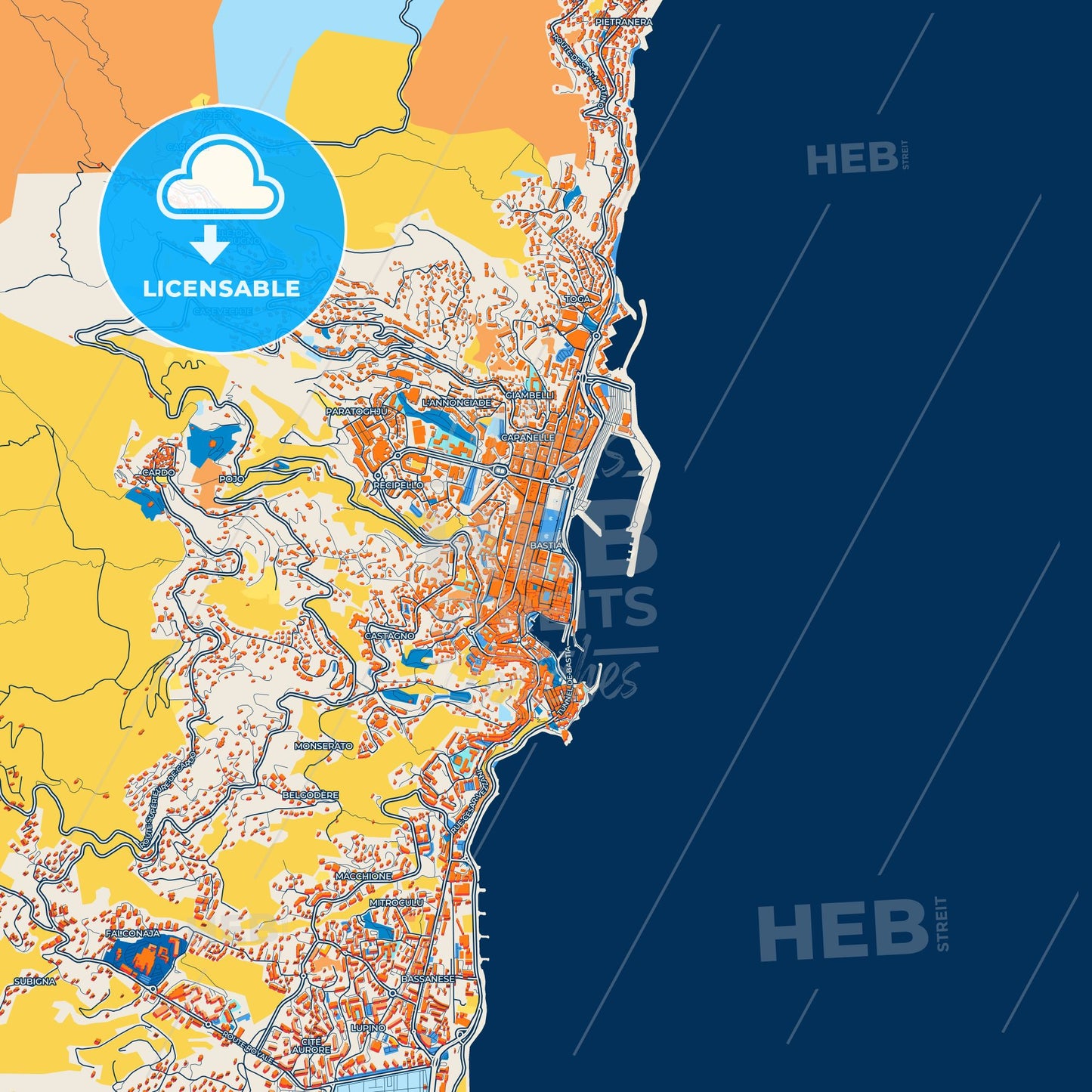 Colorful Bastia Street Map with Labels and Buildings