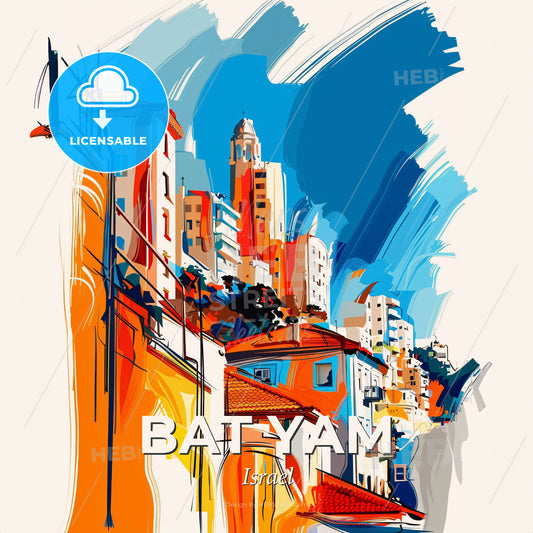 Vibrant Bat Yam, Israel - A Colorful Cityscape With Buildings And A Blue Sky - Square format print template