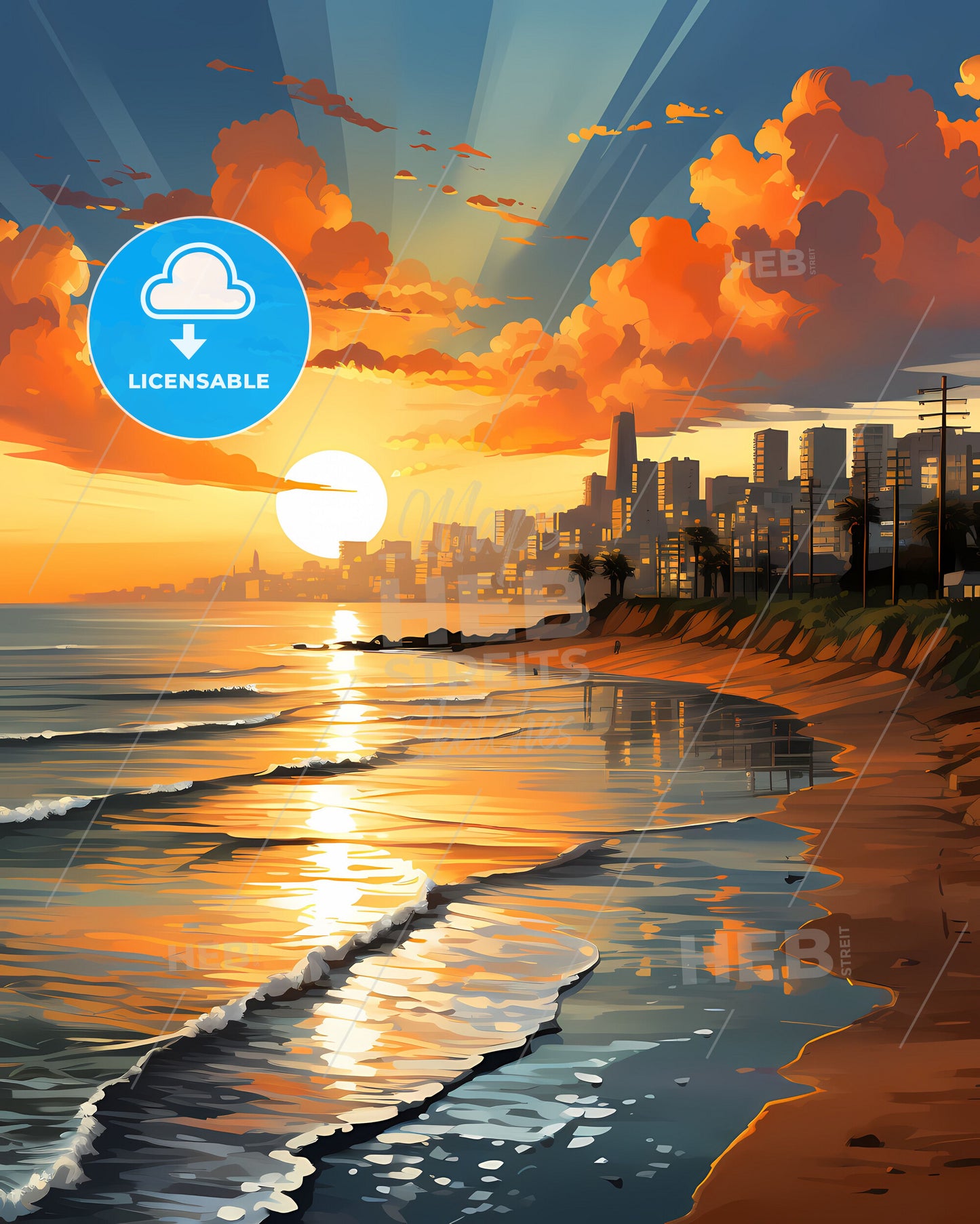 Vibrant Sunset over Bat Yam Skyline, Israel: Beach Scene Painting