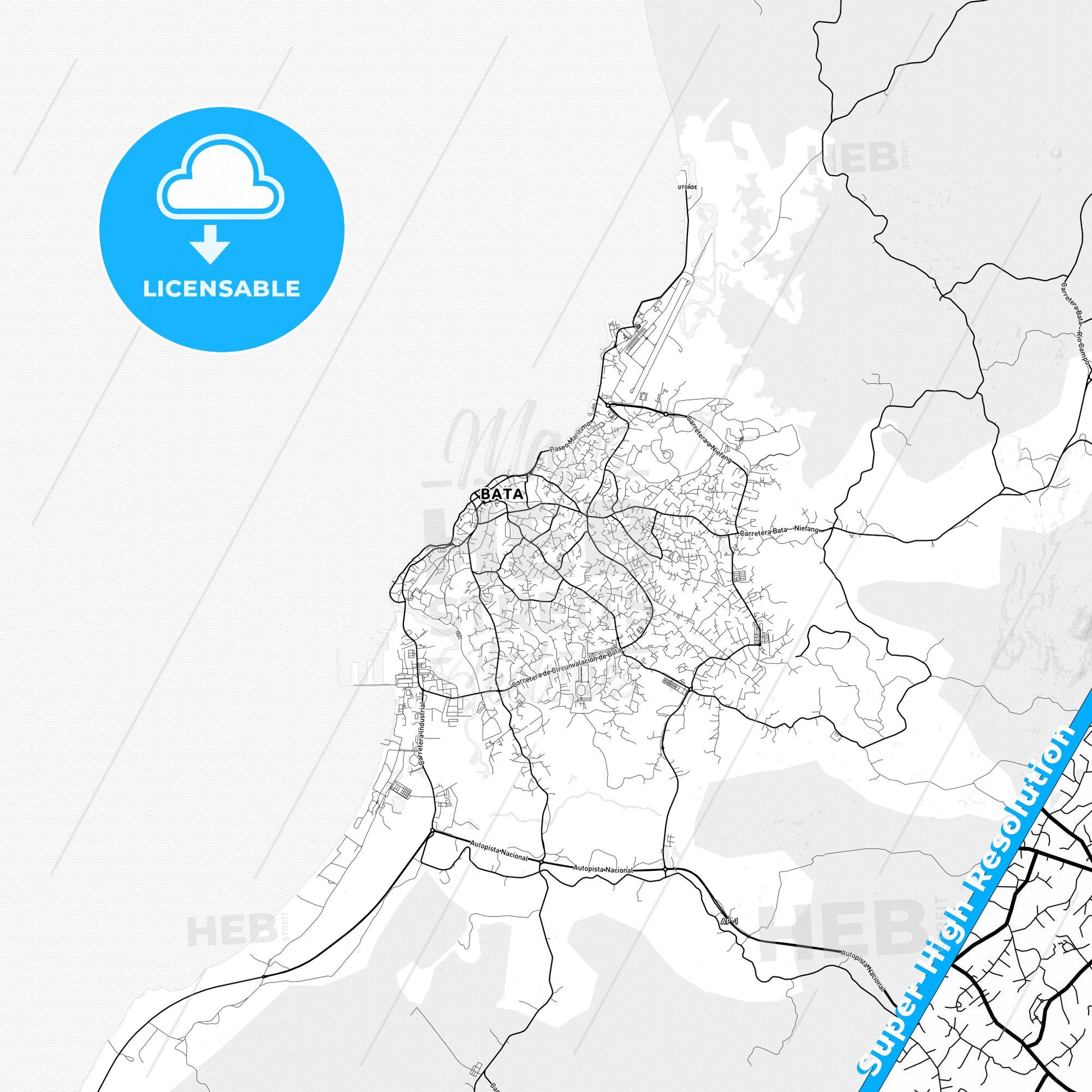 Bata, Equatorial Guinea light map with streetnames, citynames and districts