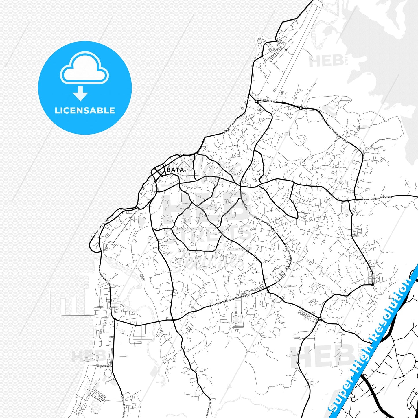 Bata, Equatorial Guinea Light Map with Street Names, City Names, and Districts