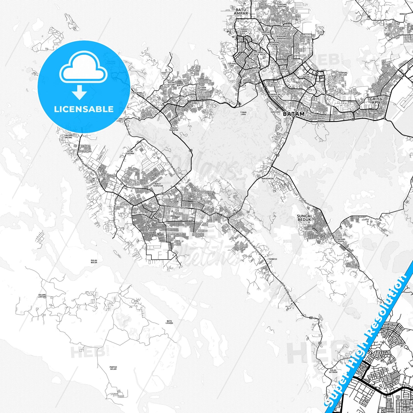 Batam, Indonesia light map with streetnames, citynames and districts