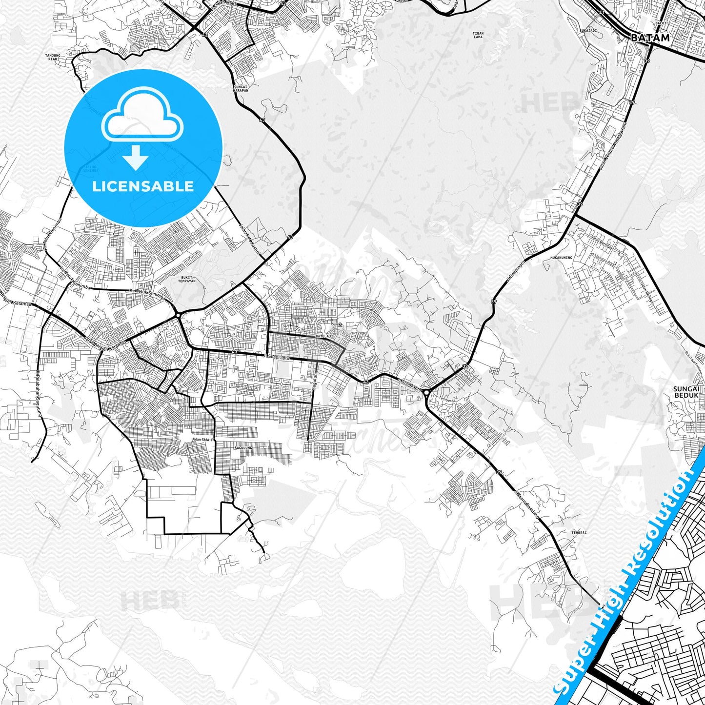 Batam, Indonesia Light Map with Street Names, City Names, and Districts