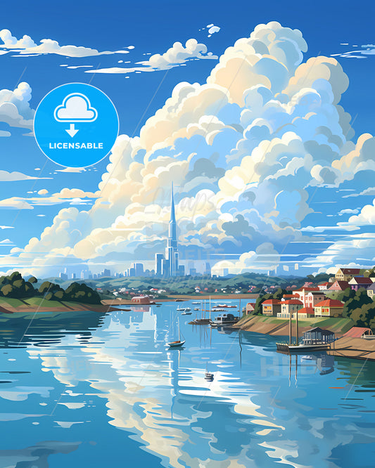 Vibrant Digital Painting of Batam Skyline, Indonesia's Watery City