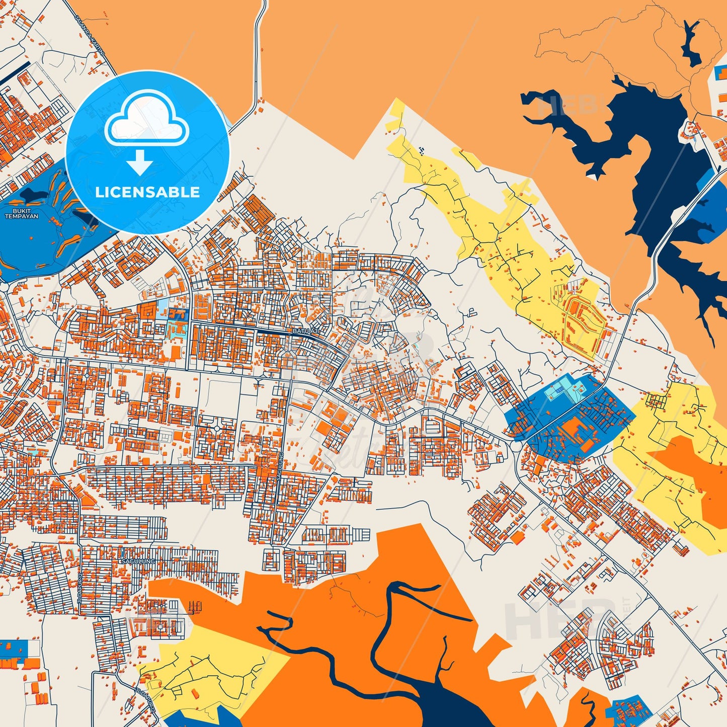 Colorful Batam Street Map with Labels and Buildings