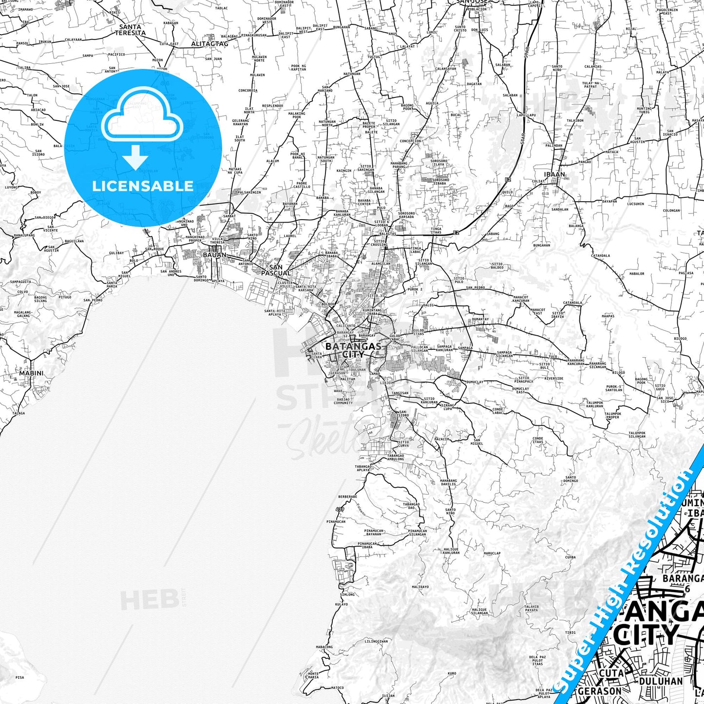 Batangas City, Philippines light map with streetnames, citynames and districts