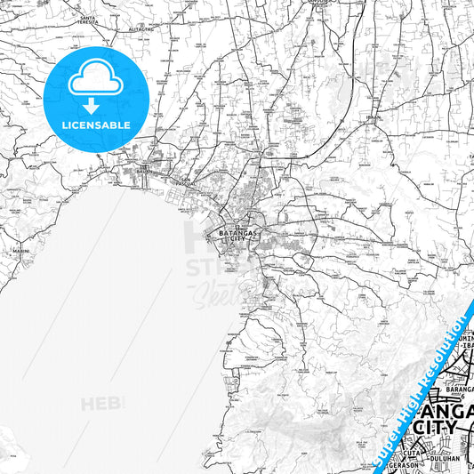 Batangas City, Philippines light map with streetnames, citynames and districts