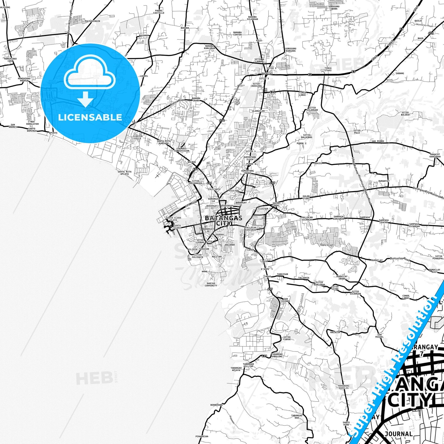 Batangas City, Philippines Light Map with Street Names, City Names, and Districts