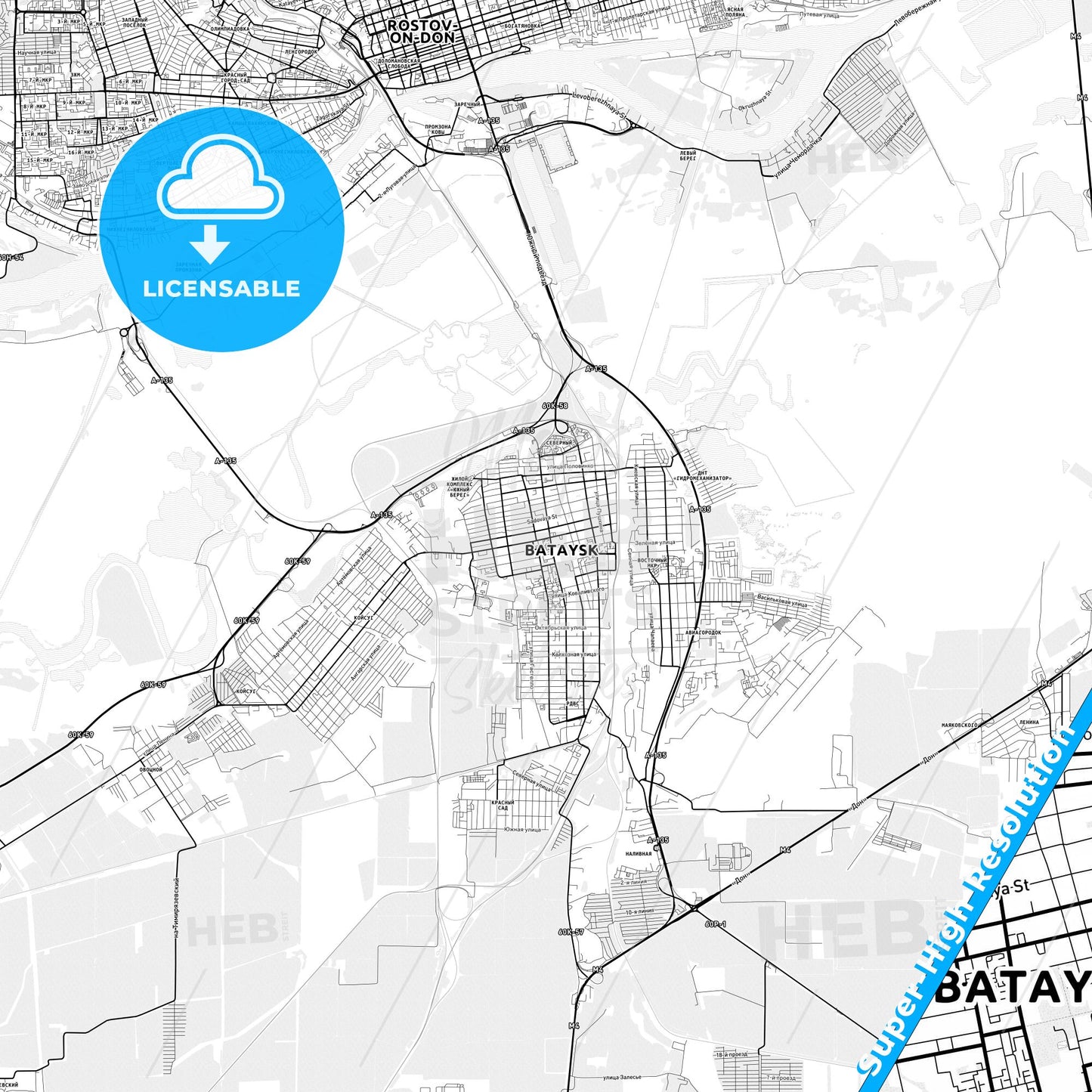 Bataysk, Russia light map with streetnames, citynames and districts