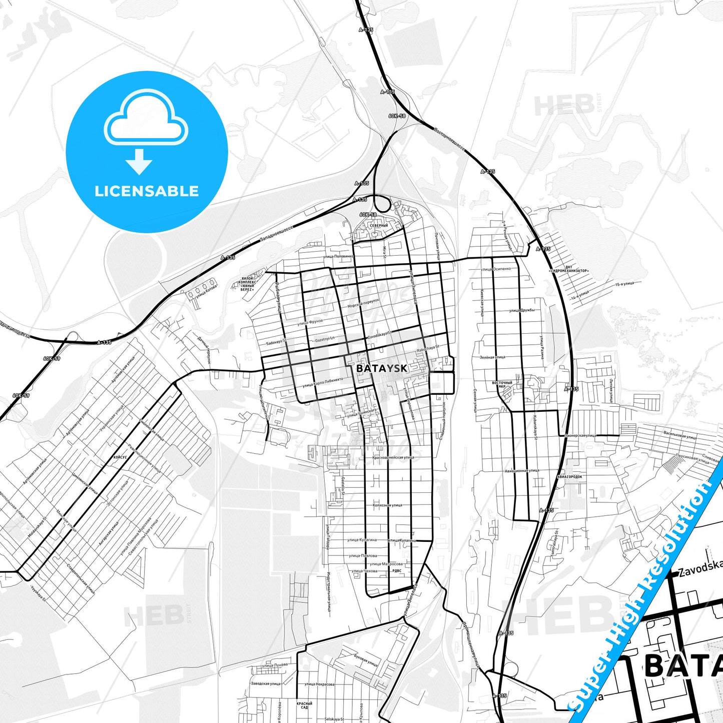Bataysk, Russia Light Map with Street Names, City Names, and Districts
