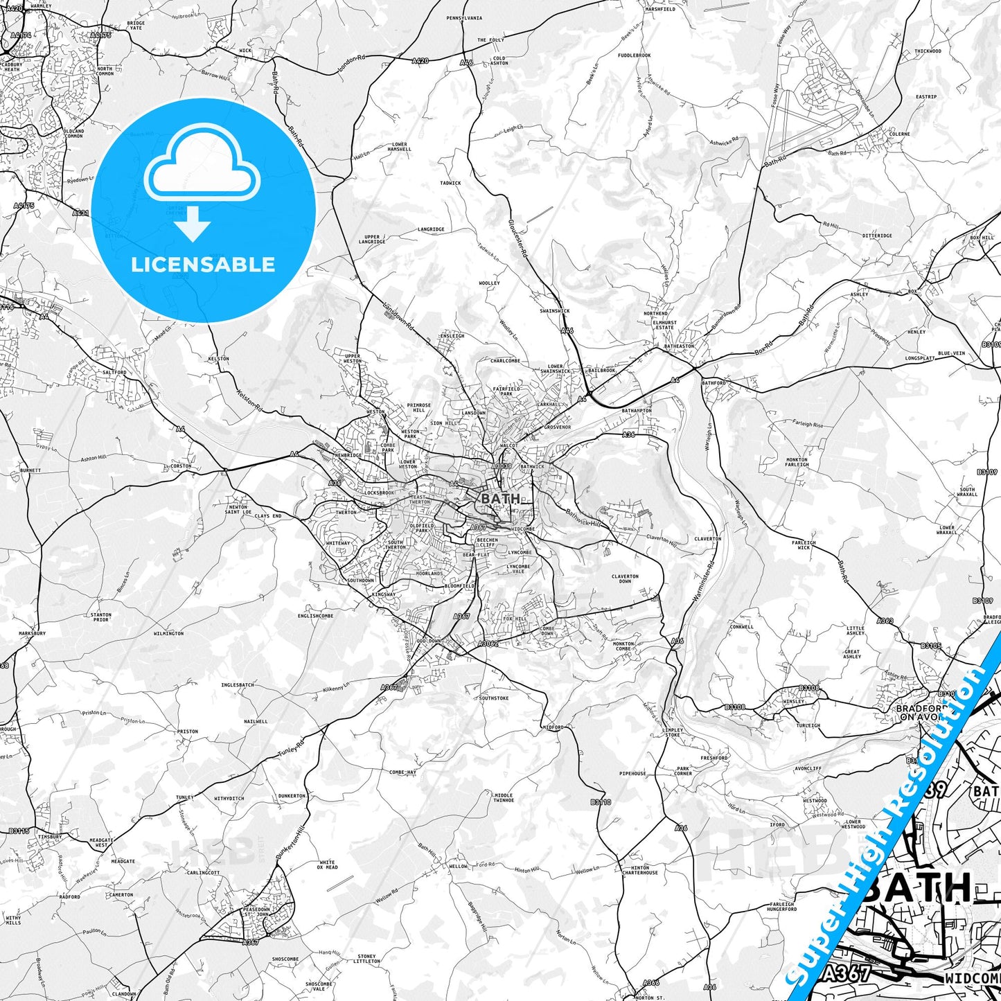 Bath, England light map with streetnames, citynames and districts