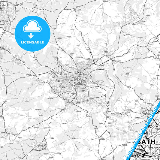 Bath, England light map with streetnames, citynames and districts