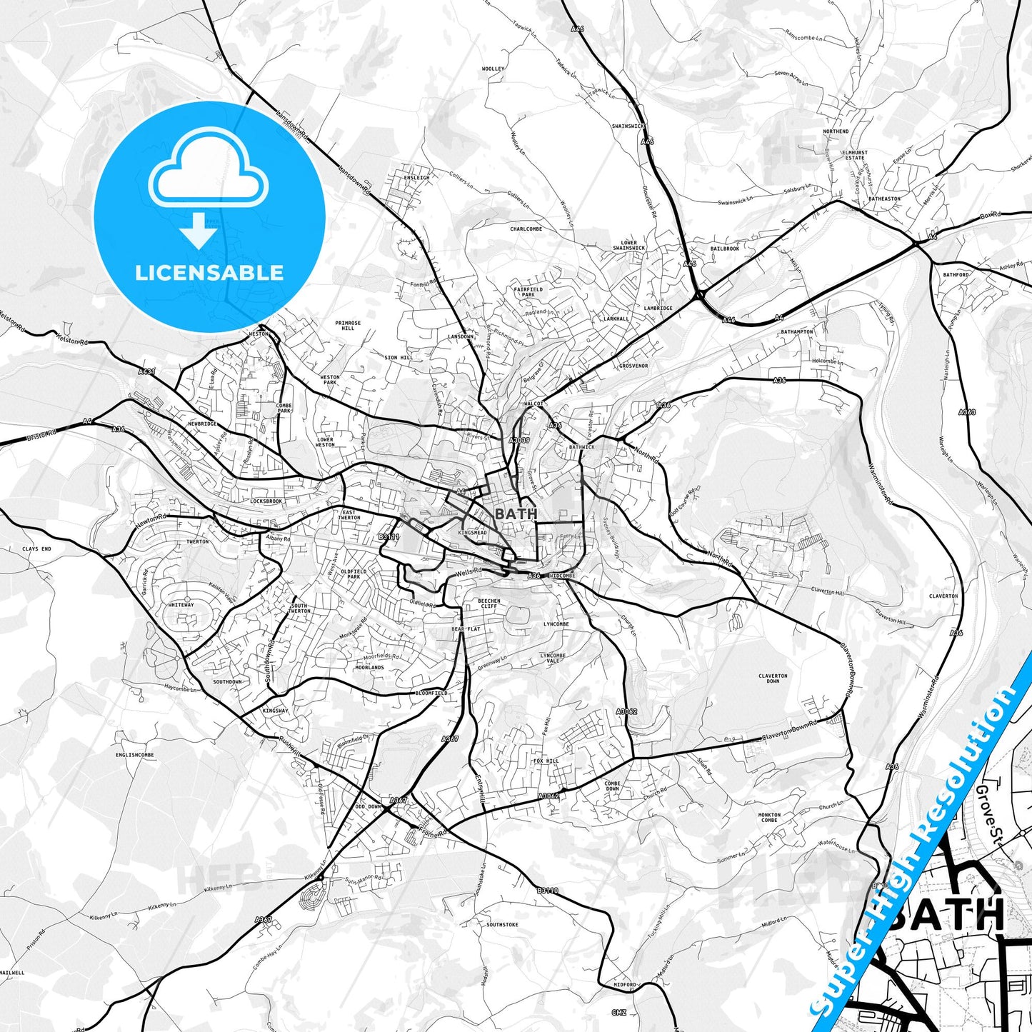 Bath, England Light Map with Street Names, City Names, and Districts