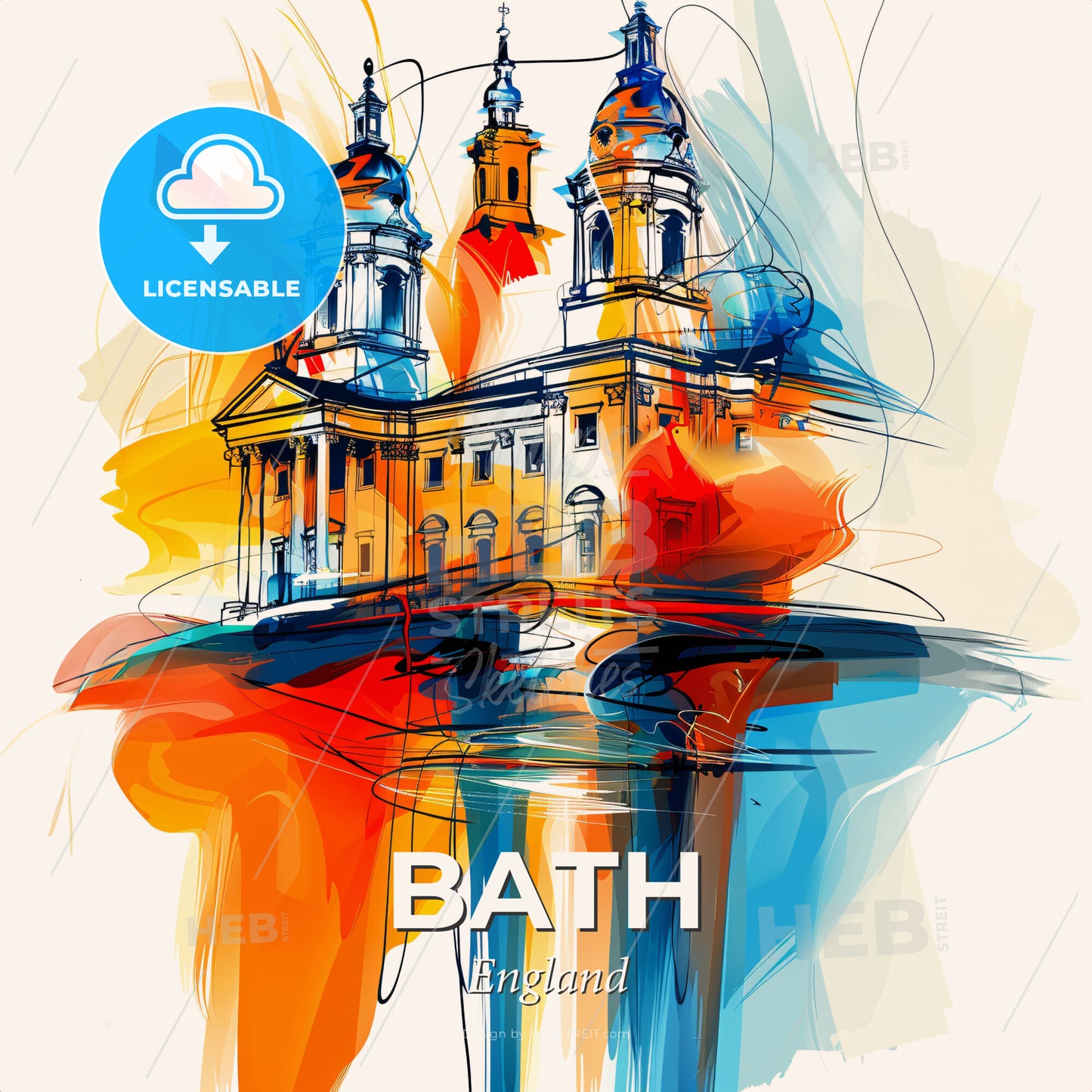 Vibrant Bath, England - A Drawing Of A Building With A Colorful Background - Square format print template