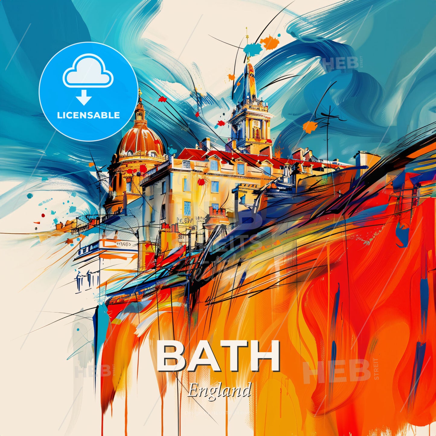 Vibrant Bath, England - A Painting Of A Building With A Dome And A Colorful Background - Square format print template