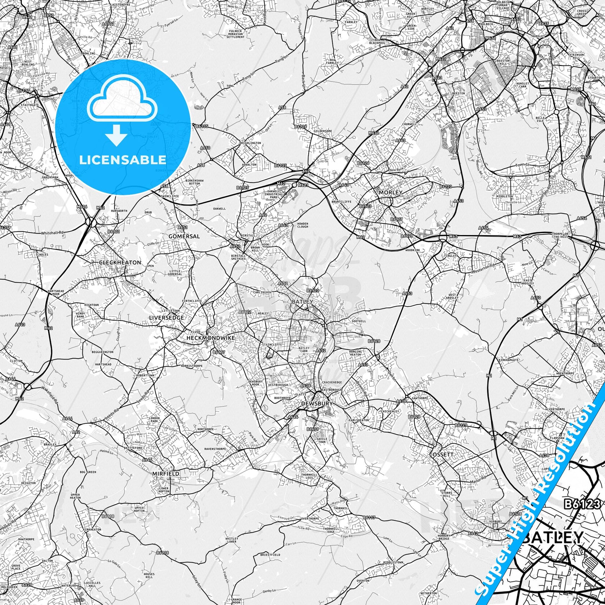 Batley, England light map with streetnames, citynames and districts