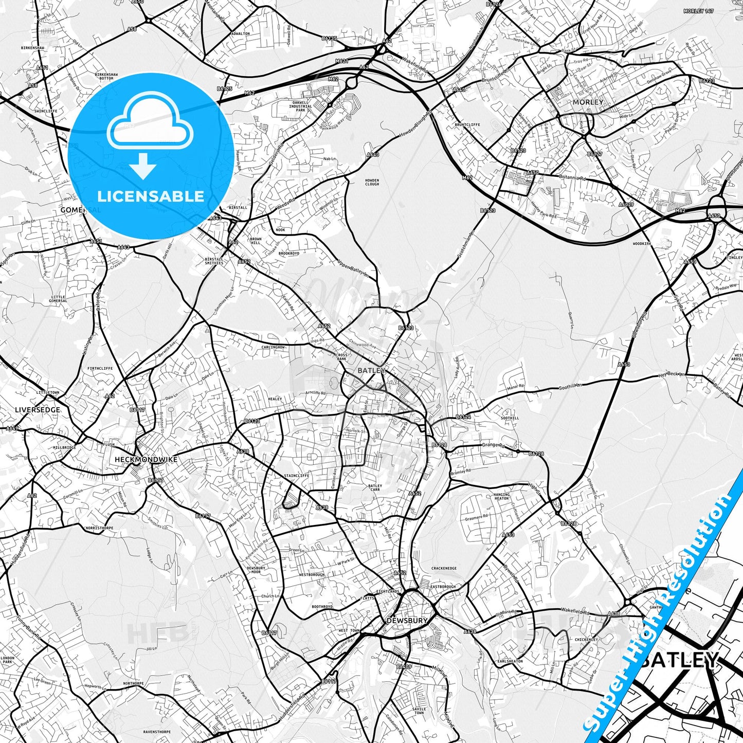 Batley, England Light Map with Street Names, City Names, and Districts