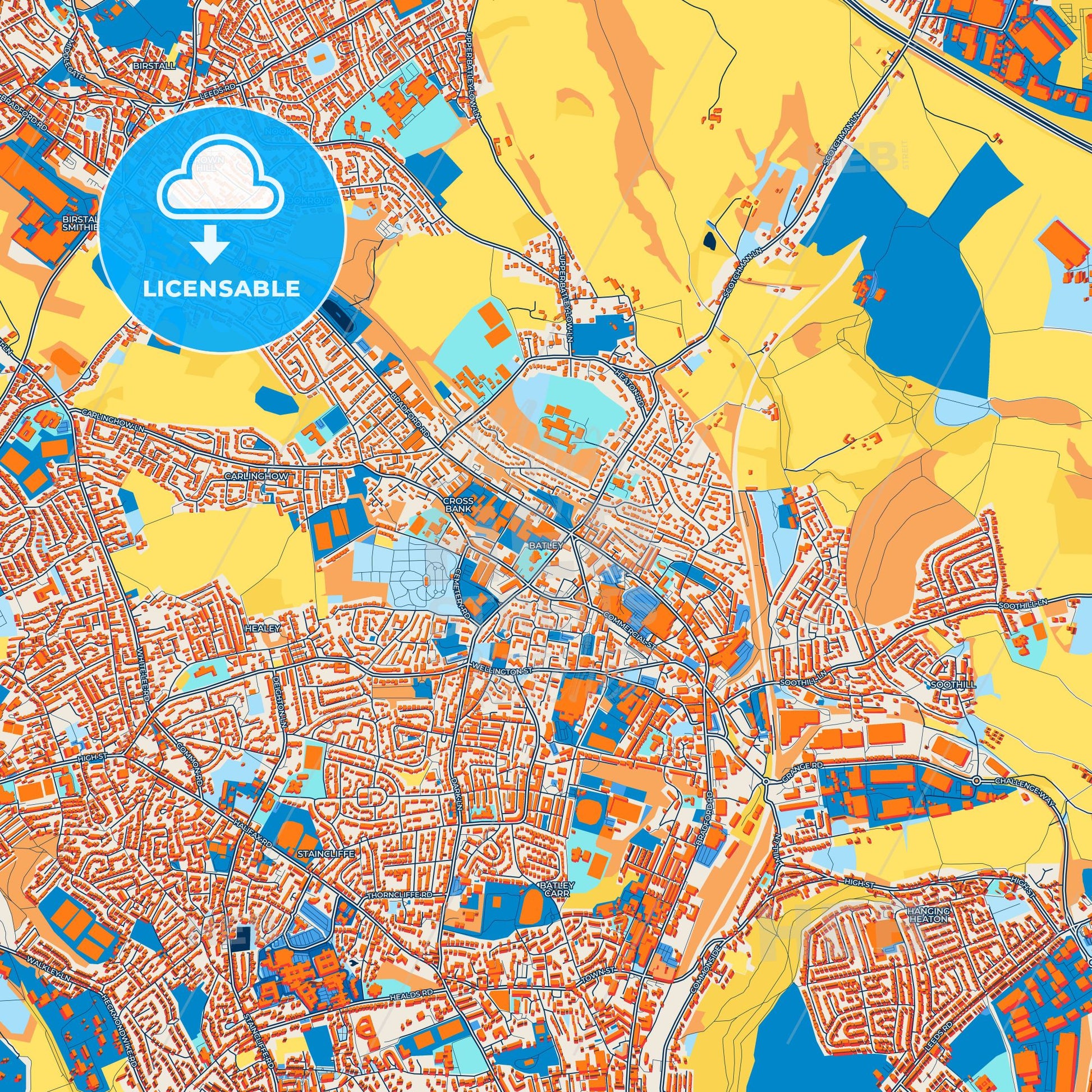 Colorful Batley Street Map with Labels and Buildings